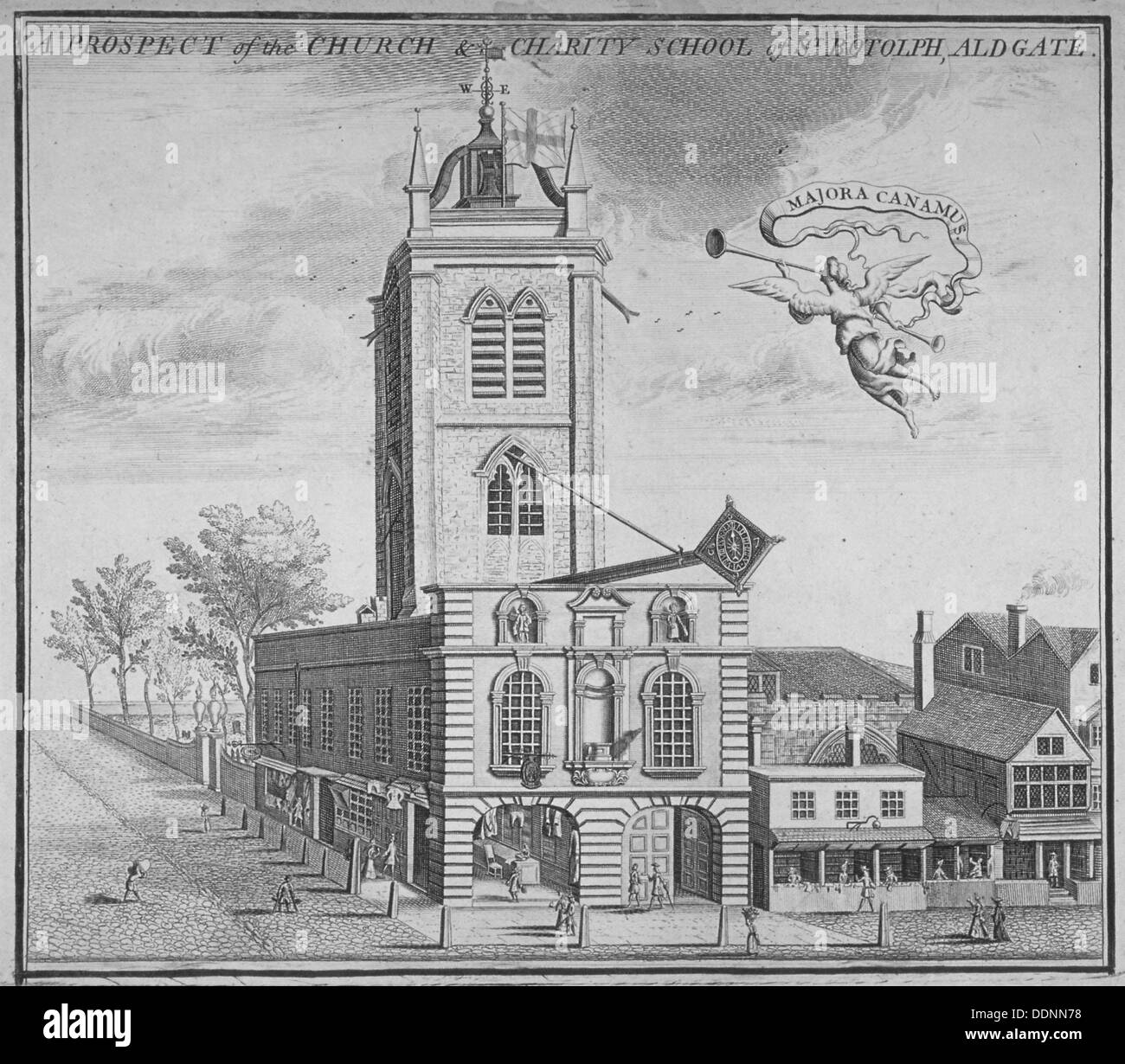 Kirche St Botolph, Aldgate, City of London, 1750. Künstler: Anon Stockfoto