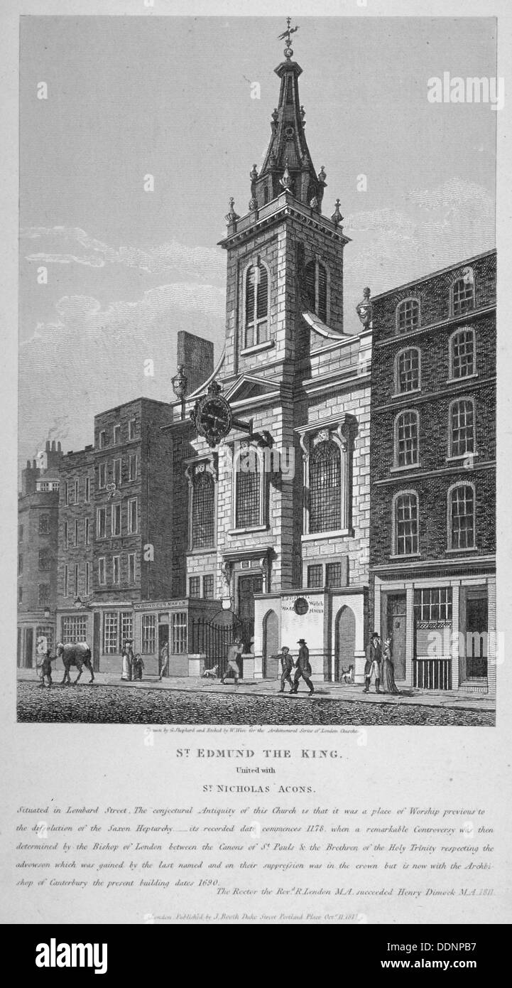 Kirche St. Edmund König, Blick nach Westen entlang der Lombard Street, City of London, 1813. Künstler: William Wise Stockfoto