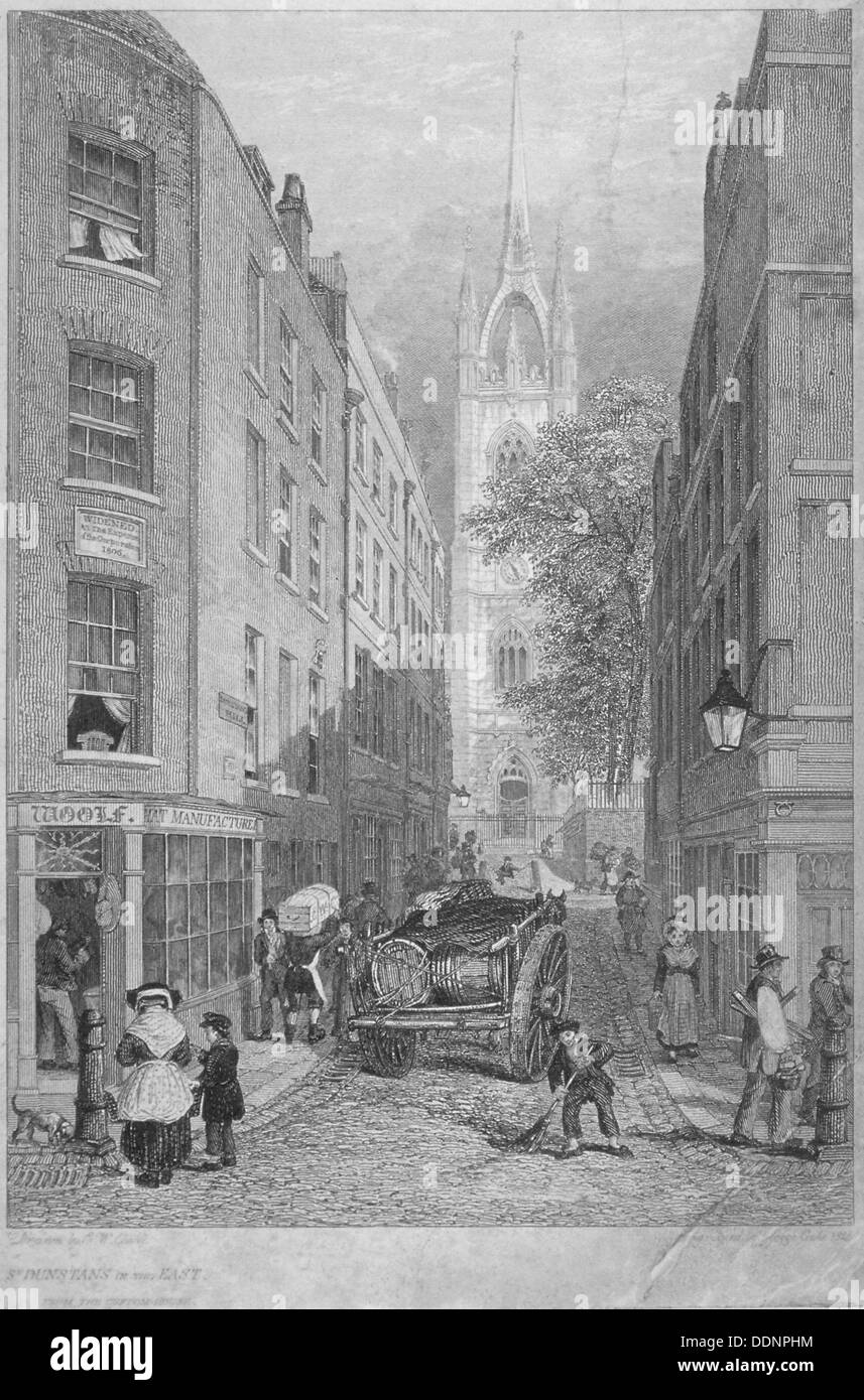 Kirche von St. Dunstan-in-the East vom Zollhaus, City of London, 1828. Künstler: Edward William Cooke Stockfoto