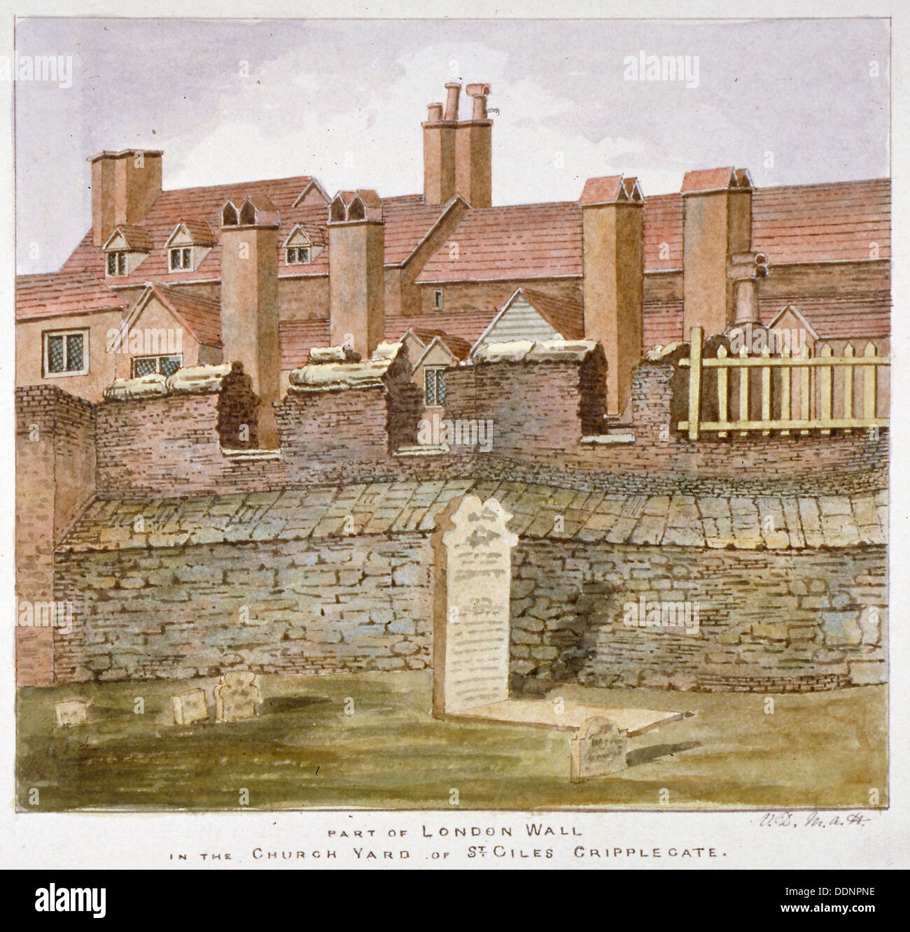 Reste der London Wall auf dem Kirchhof von St. Giles ohne Predigten, City of London, 1825. Künstler: Valentine Davis Stockfoto