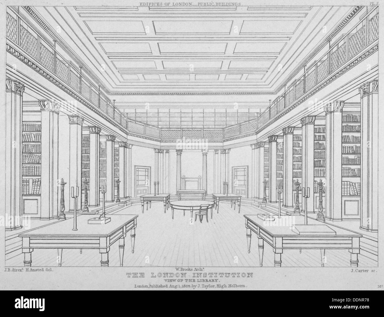 Innenansicht der Bibliothek in London Institution, Finsbury Circus, City of London, 1824.  Künstler: James Carter Stockfoto