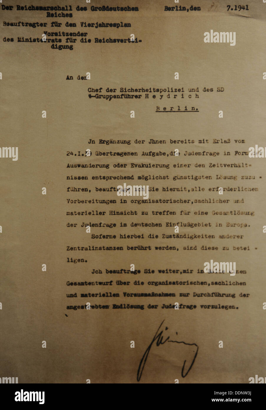 Nazi-Dokument. Bestellung von Hermann Göring auf Maßnahmen für die endgültige Lösung der Judenfrage. Berlin, 31. Juli 1941. Stockfoto
