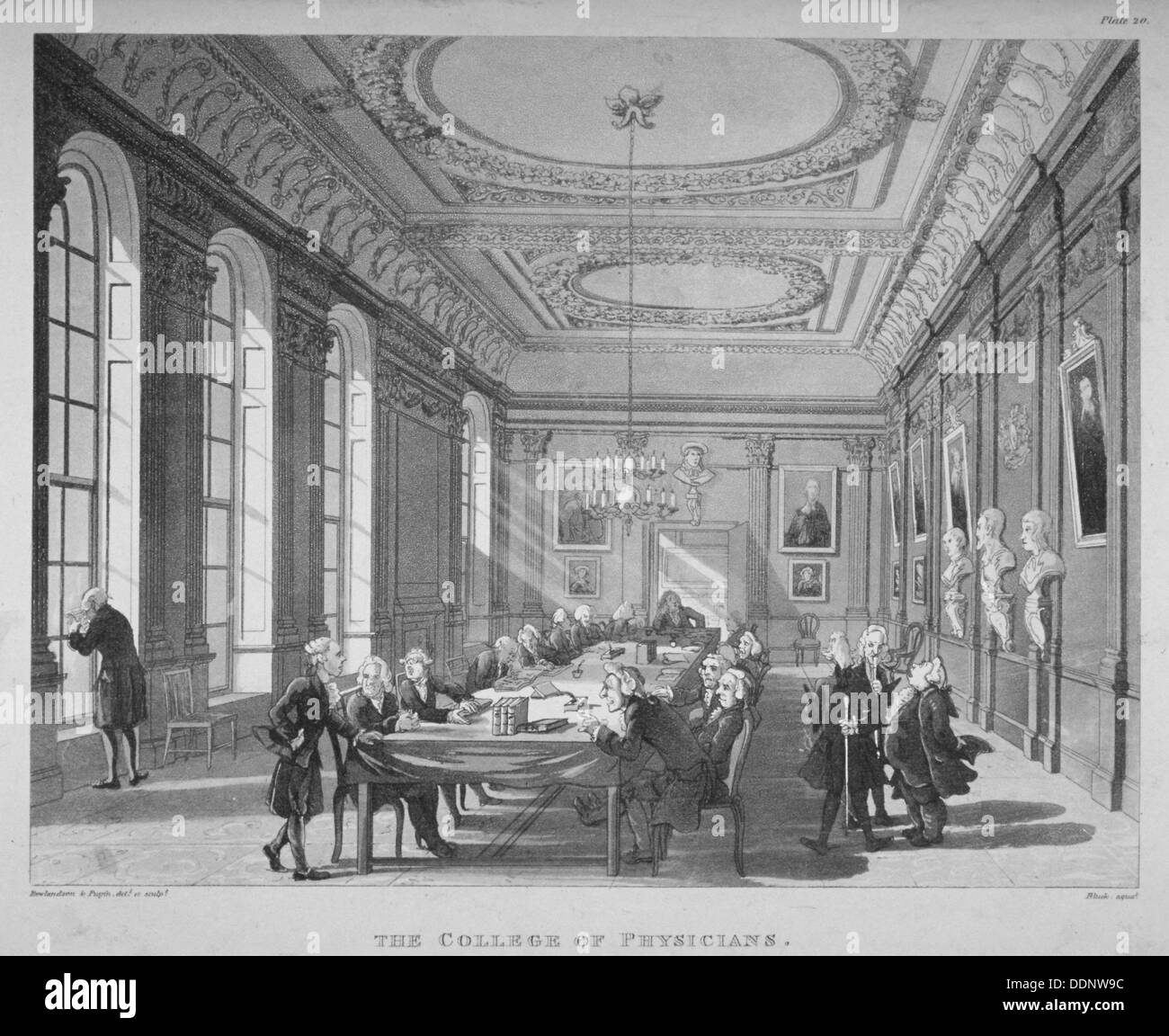 Innenraum der Vorstandsetage mit Vorstandsmitgliedern, College of Physicians, City of London, 1808. Künstler: Augustus Charles Pugin Stockfoto