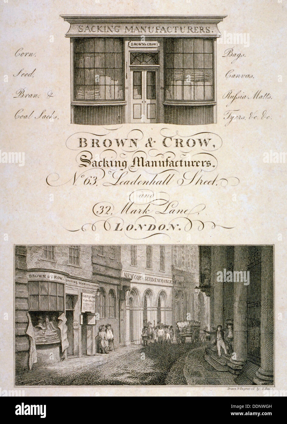 Ladenfront von Brown und Krähe, Hersteller, 32 Mark Lane, Stadt von London, 1800 zu entlassen. Künstler: Samuel Rawle Stockfoto