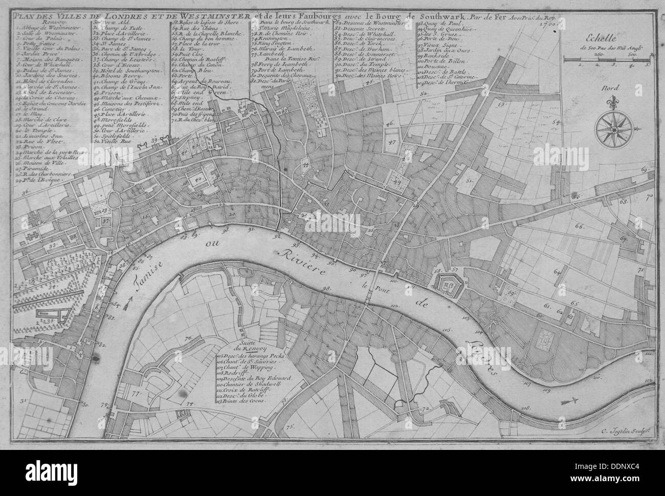Karte von der City of London, Themse, die City of Westminster und Umgebung, 1700. Künstler: C Inselin Stockfoto