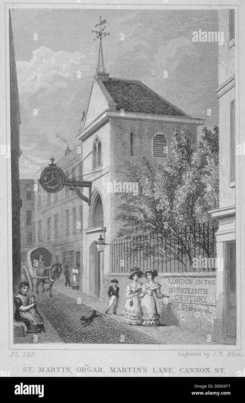 Kirche St. Martin Orgar, Martin Lane, City of London, 1831. Künstler: James B Allen Stockfoto