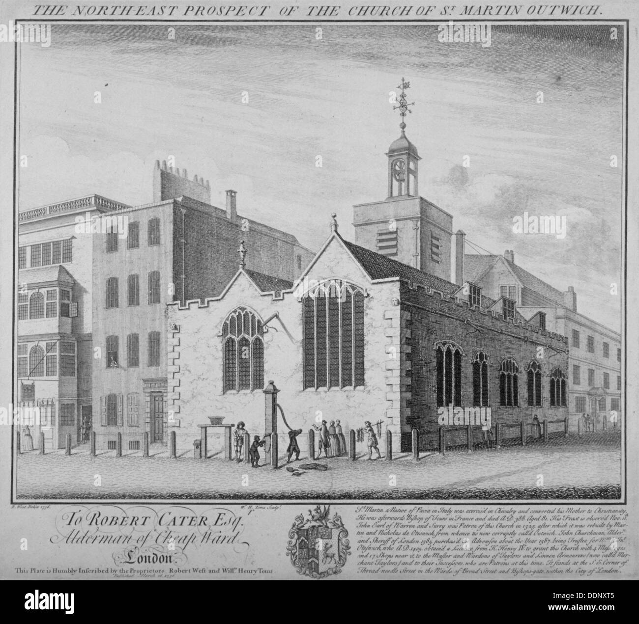 Nordost-Blick auf die Kirche von St. Martin Outwich, Threadneedle Street, City of London, 1736. Künstler: William Henry Toms Stockfoto