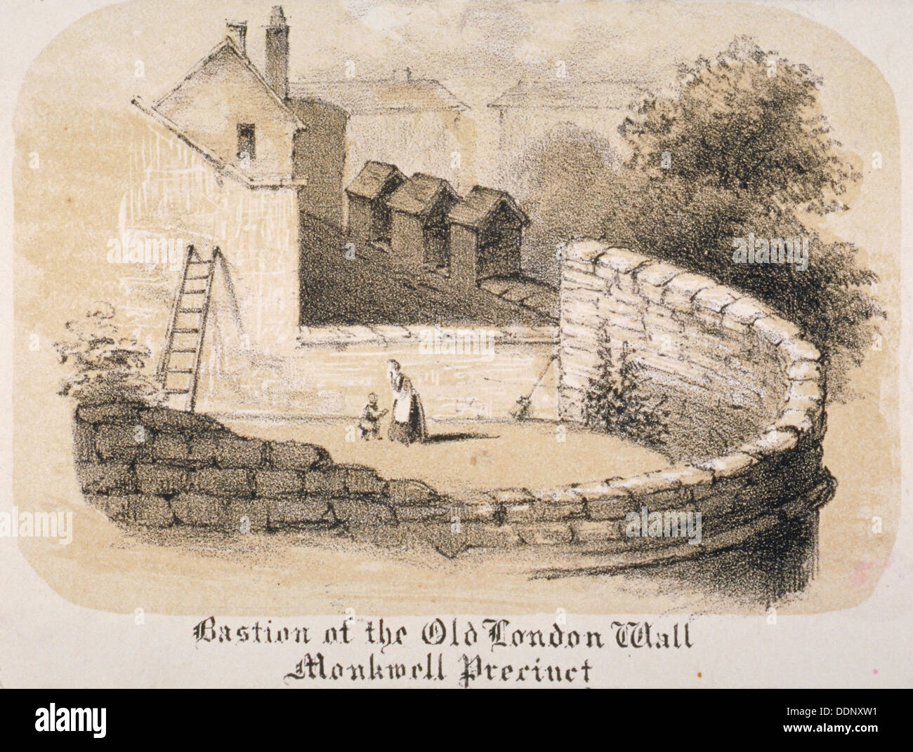 Bastion der London Wall in der Nähe von Monkwell Street, City of London, 1840. Künstler: Anon Stockfoto