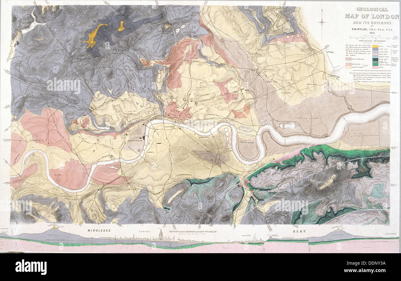 Geologische Karte von London und Umgebung, 1871. Künstler: T Walsh Stockfoto