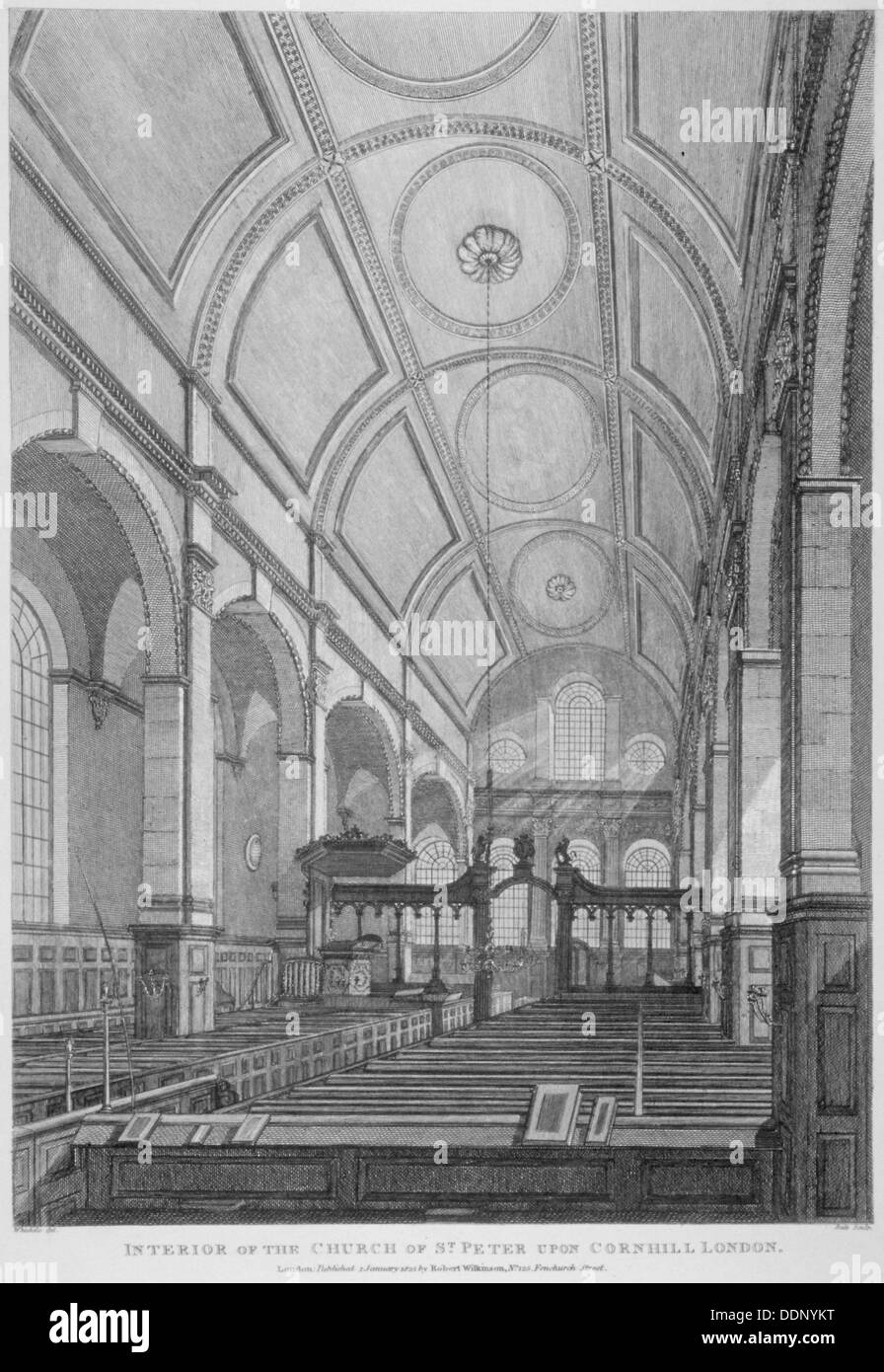 Innenraum der Kirche von St. Peter nach Cornhill nach Osten, City of London, 1825. Künstler: Thomas Dale Stockfoto