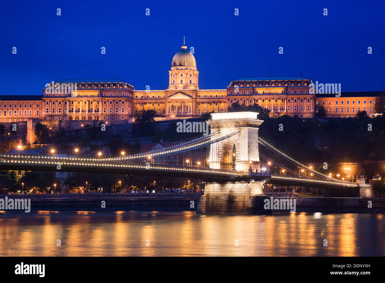 Budaer Burg / Königspalast und Széchenyi Kettenbrücke in der Nacht. Budapest, Ungarn Stockfoto