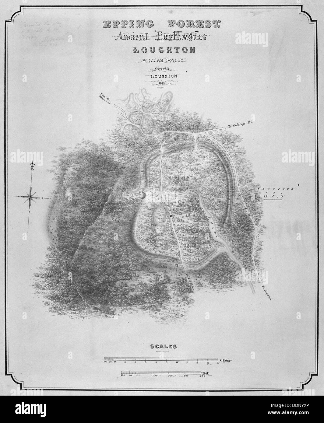 Karte der alten Erdarbeiten in Loughton Camp machte rund um AD 52 im Epping Forest, Essex, 1876. Künstler: William d'Oyley Stockfoto