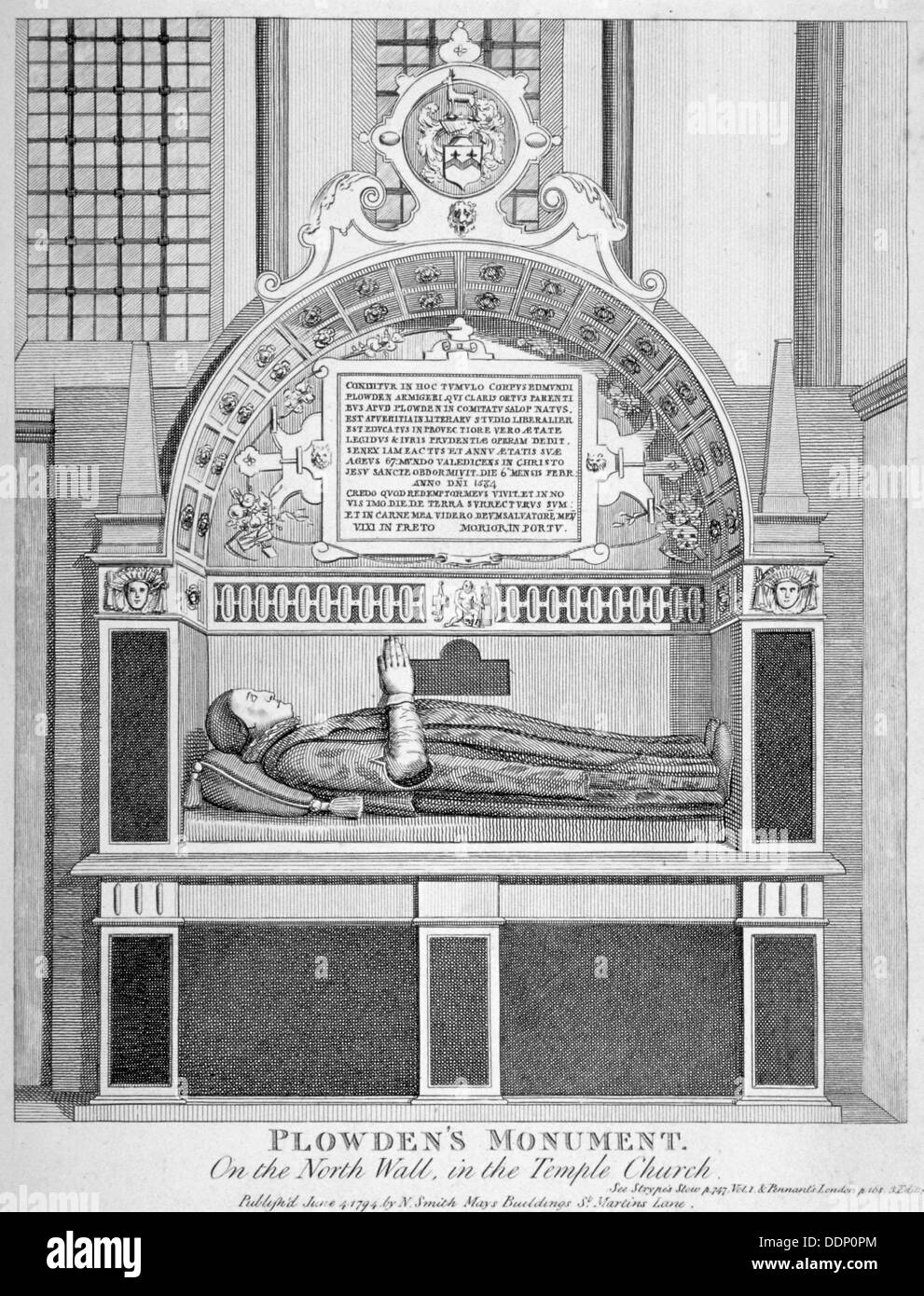 Denkmal für Edmund Plowden, Schatzmeister des Middle Temple, Temple Church, City of London 1794.     Künstler: Anon Stockfoto