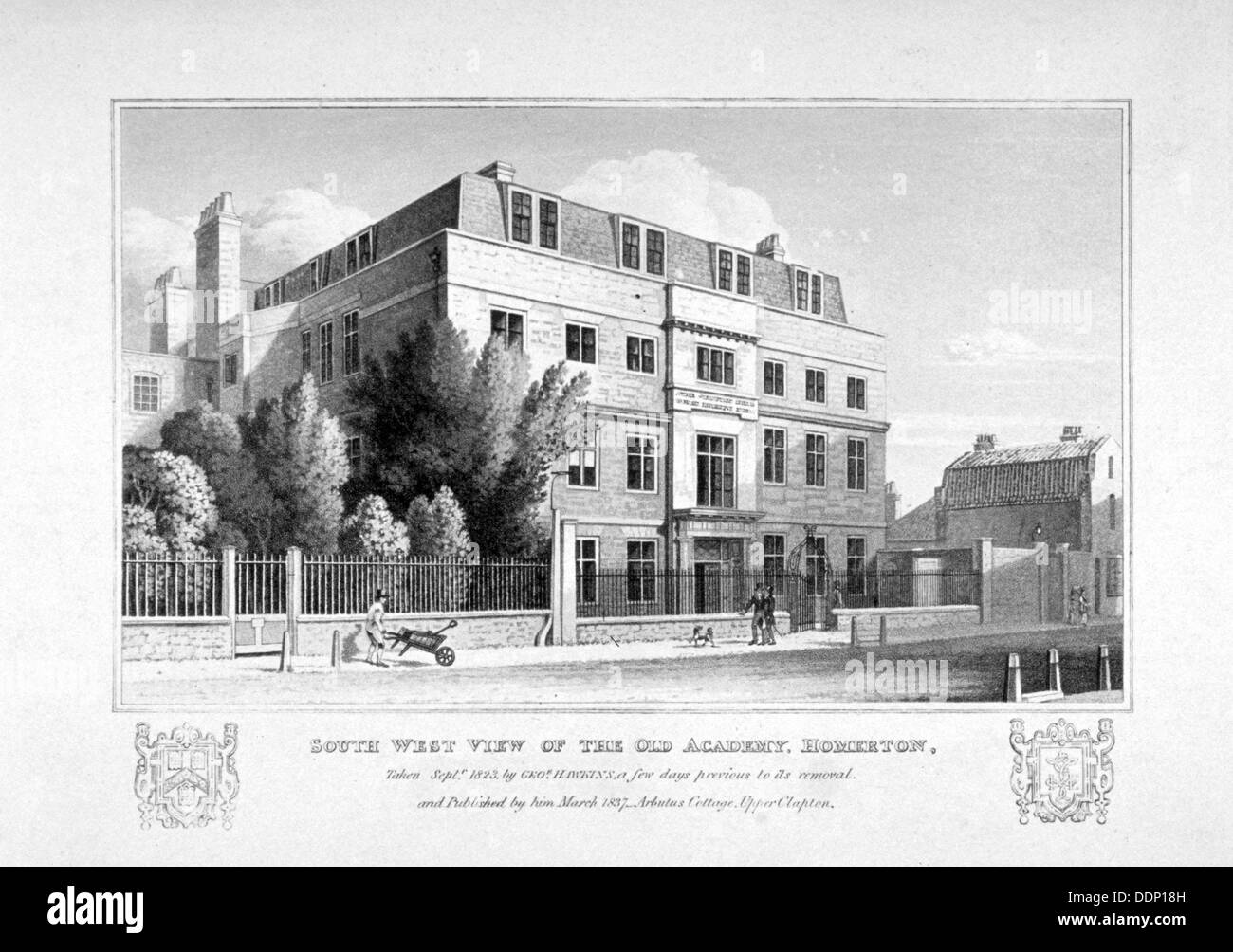 Süd-West-Blick auf den König Leiter Academy, Homerton, Hackney, London, 1825. Künstler: Anon Stockfoto