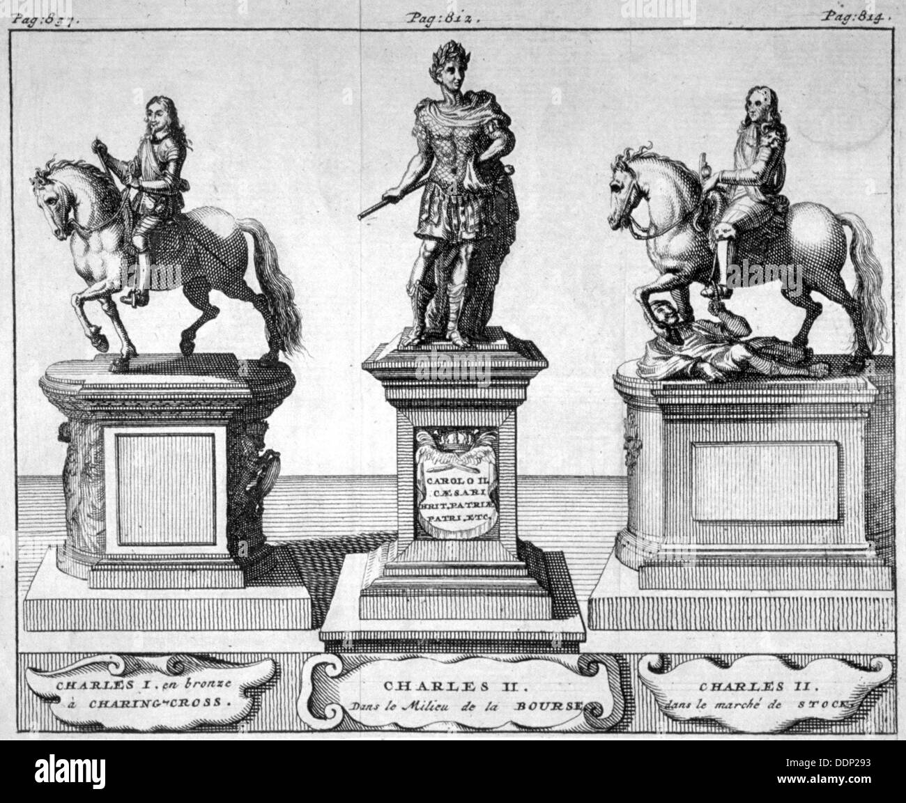 Statuen der Könige Charles I und II, 1700. Künstler: Anon Stockfoto