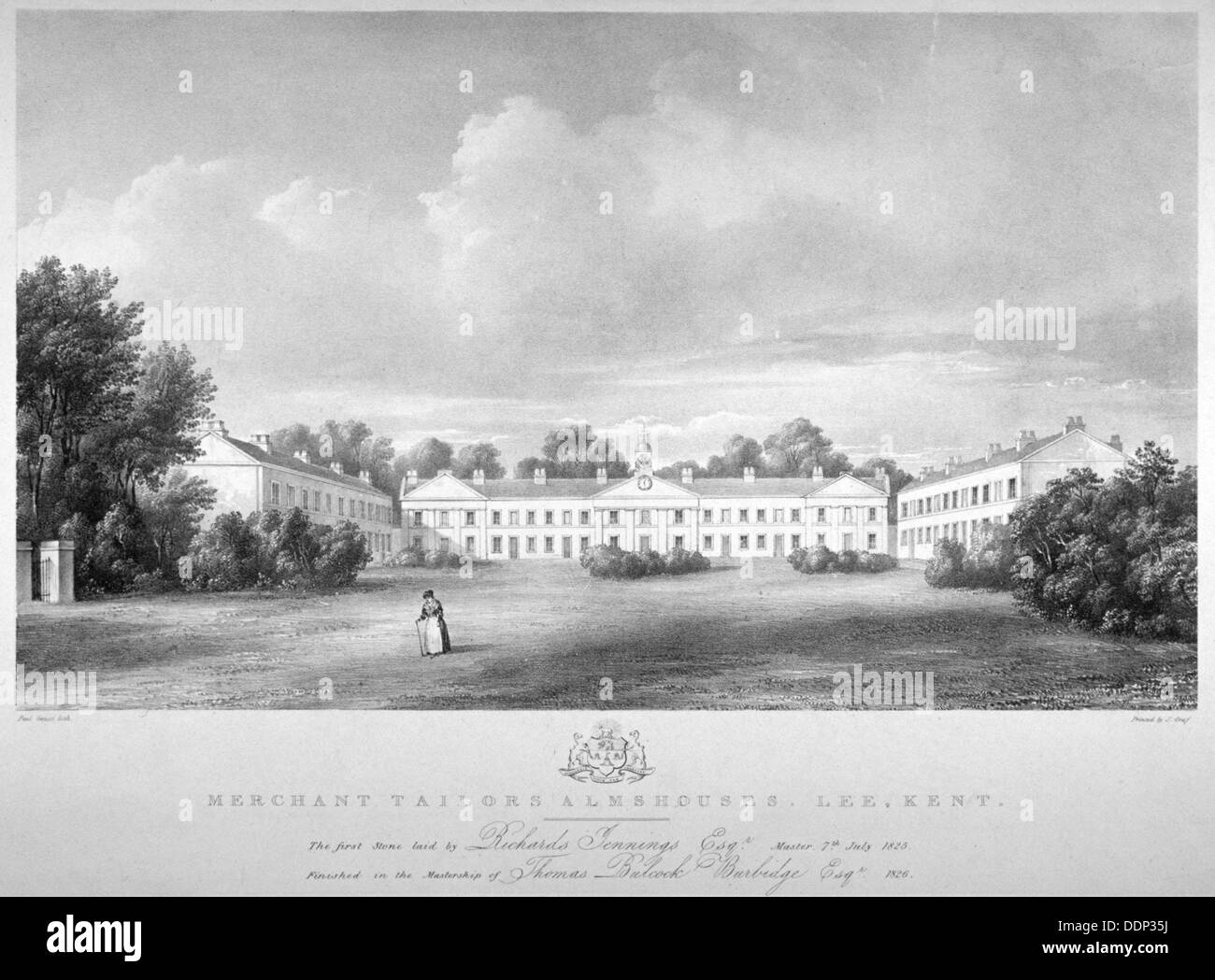 Blick auf die Merchant Taylors Armenhäuser auf Lee High Road, Lewisham, London, 1826.                   Künstler: Paul Gauci Stockfoto