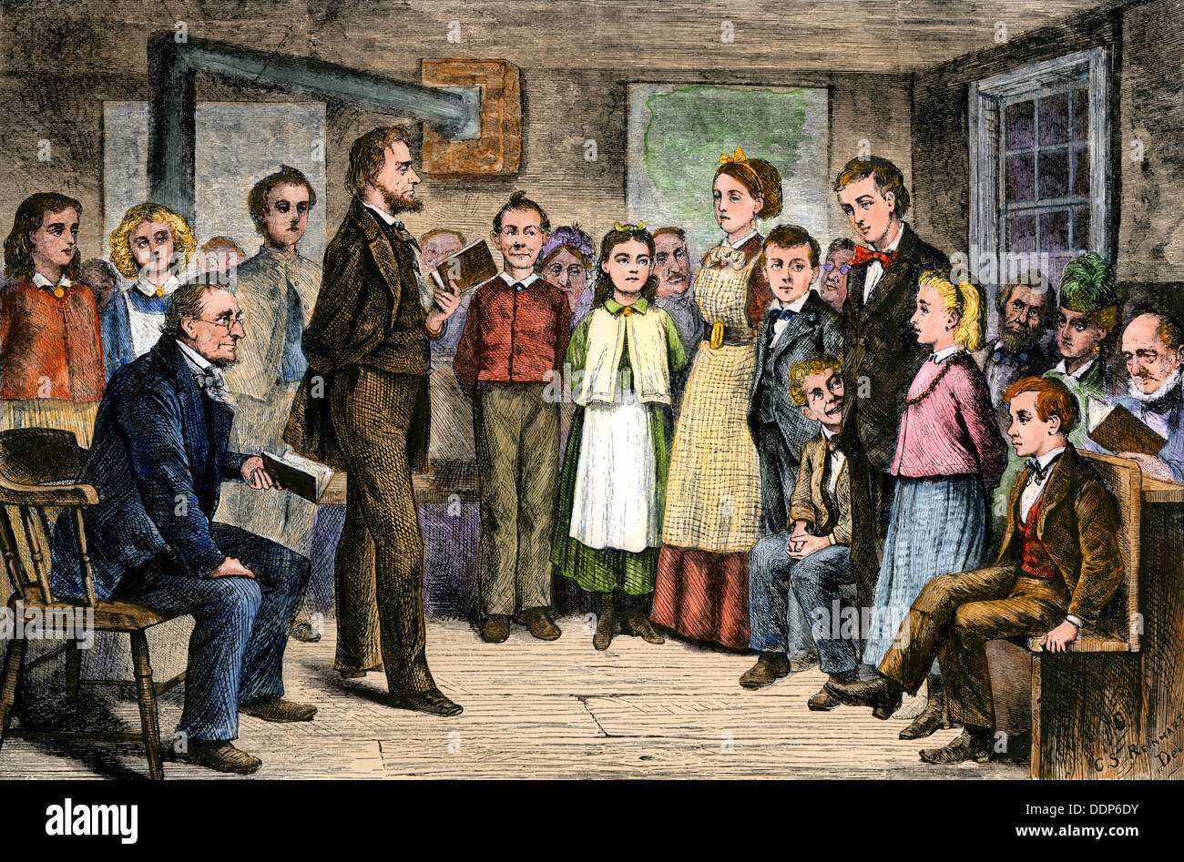 Lehrer, die eine Prüfung in einer 1-Zimmer schulhaus, 1800. Hand - farbige Holzschnitt Stockfoto