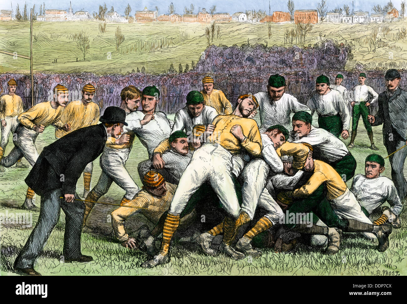 Thankgiving-Day Fußballspiel zwischen Yale und Princeton, 1879. Hand - farbige Holzschnitt Stockfoto