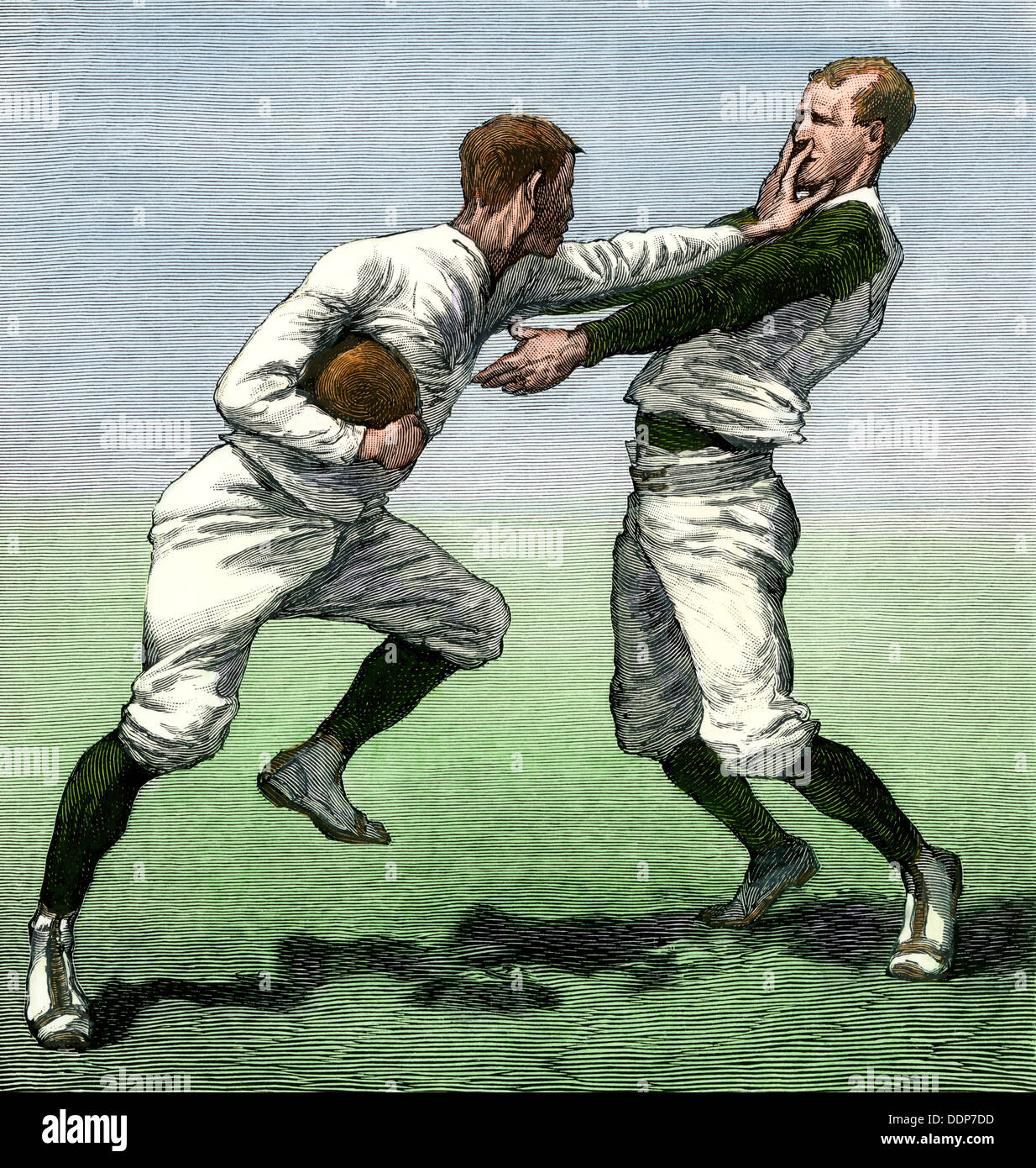"Bürsten weg': Yale Fußballspieler in einer Praxis, Spiel, 1880. Hand - farbige Holzschnitt Stockfoto