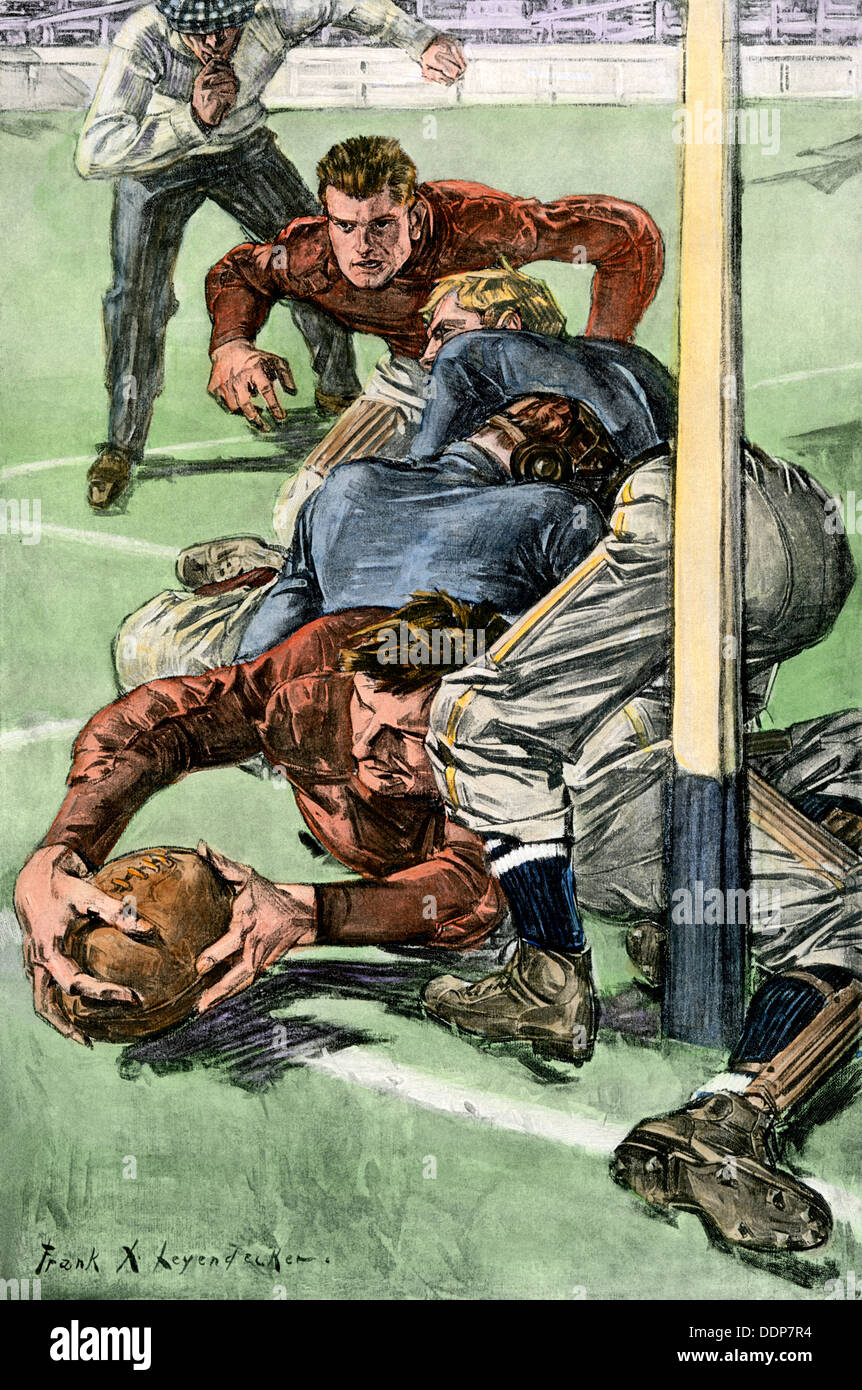 Touchdown gezählt in einem College Football Spiel, Anfang 1900. Hand - farbige Holzschnitt Stockfoto