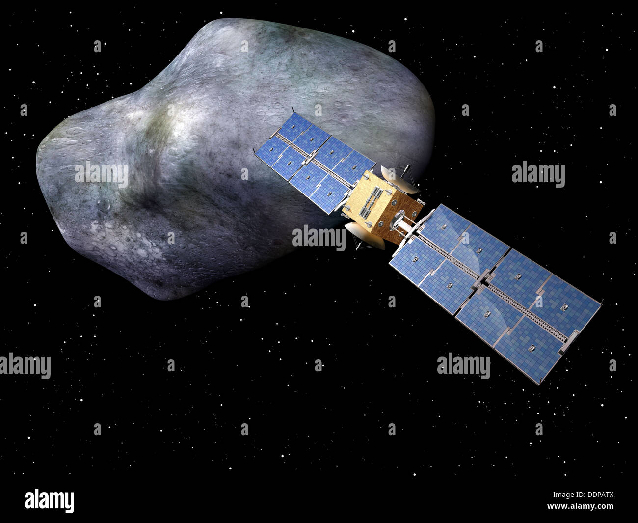 Satelliten mit großen Asteroiden droht dahinter Stockfoto