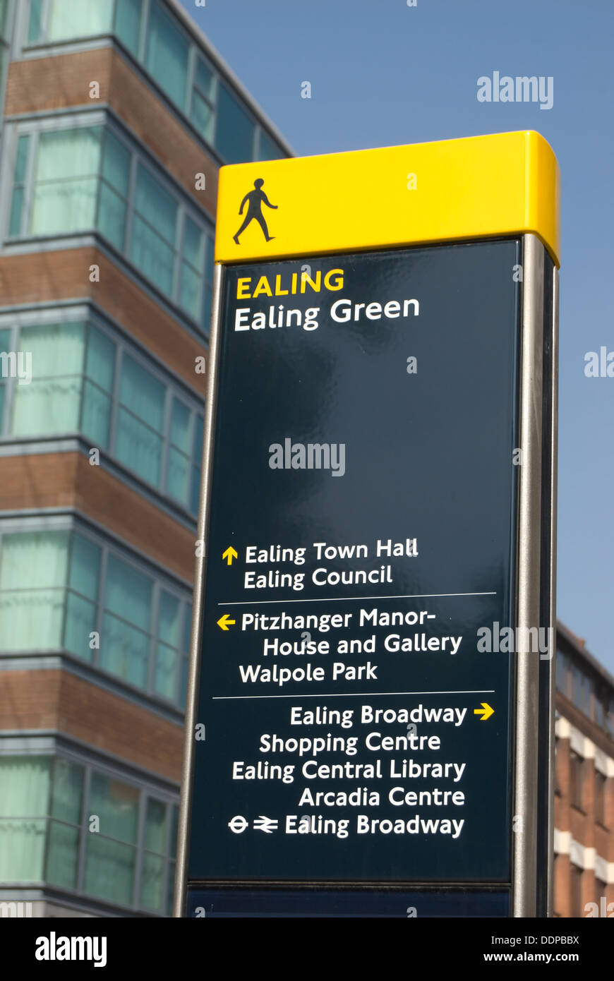 Säule-Schild am Ealing grün, Ealing, London, England, mit Wegbeschreibungen zu lokalen Sehenswürdigkeiten Stockfoto