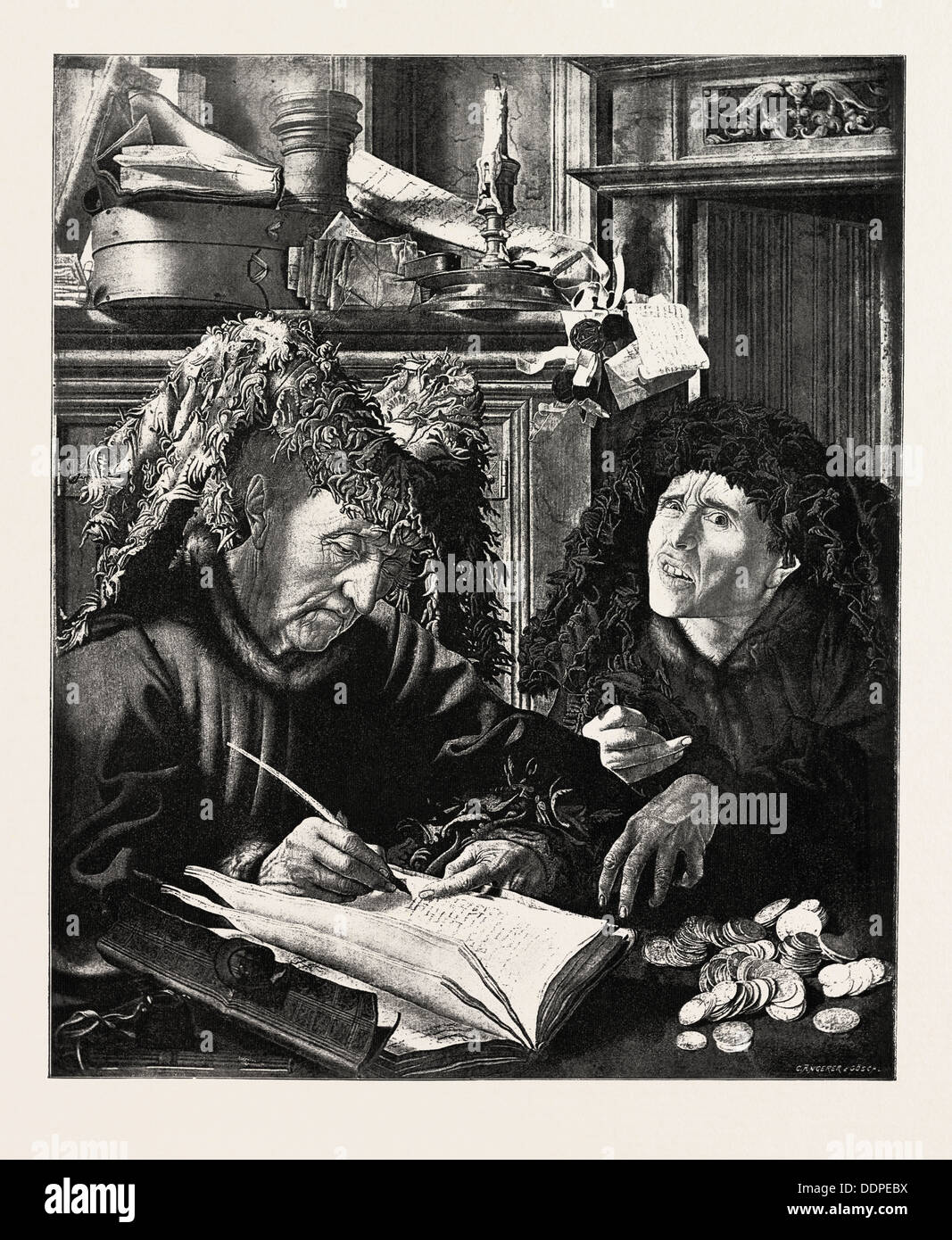 ZWEI WUCHERER, Bild von MARINUS VAN ROMERSWAEL, Gravur, 1890 Stockfoto