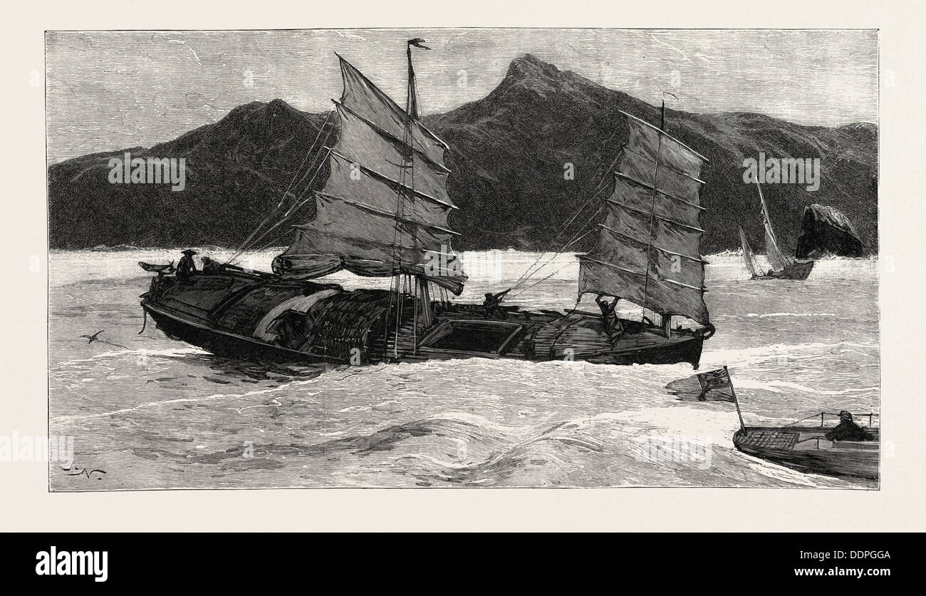 VON Hongkong nach Macau IN Bild ein TORPEDOBOOT, wir verlassen die JUNKERS hinter, 1890, graviert Gravur, Geschichte, arkheia Stockfoto