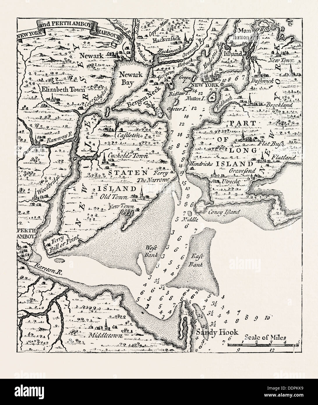 Karte von NEW YORK über die Mitte des achtzehnten Jahrhunderts, vom Popple Atlas, Vereinigte Staaten von Amerika, US, USA, der 1870er Jahre Stockfoto