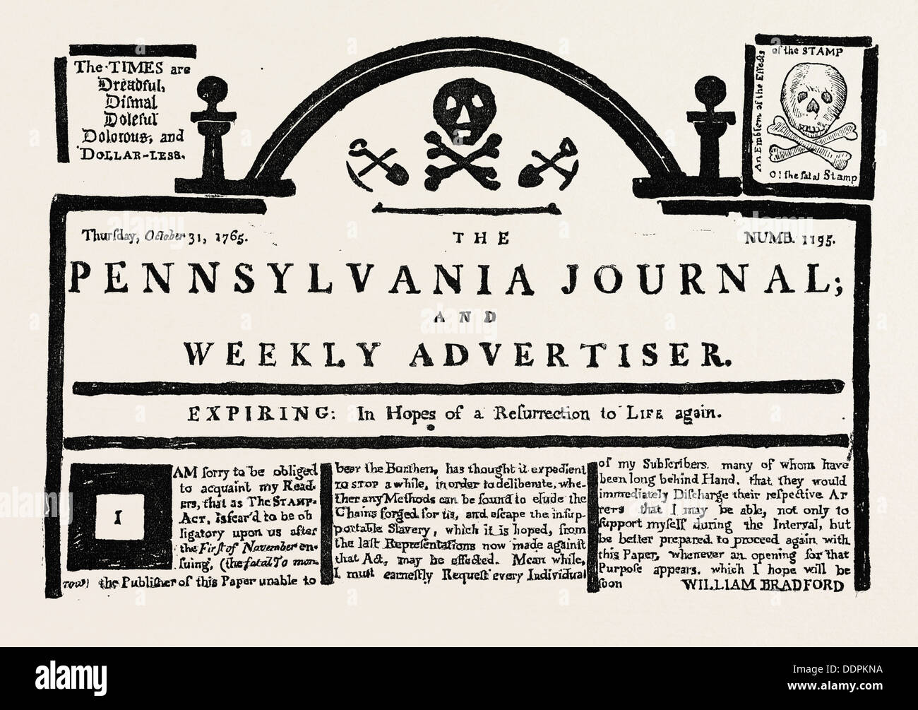 FAKSIMILE DES PENNSYLVANIA JOURNAL AUF DEN STAMP ACT. Amerikanische historische und literarische Kuriositäten, uns, USA, 1870 s Gravur Stockfoto