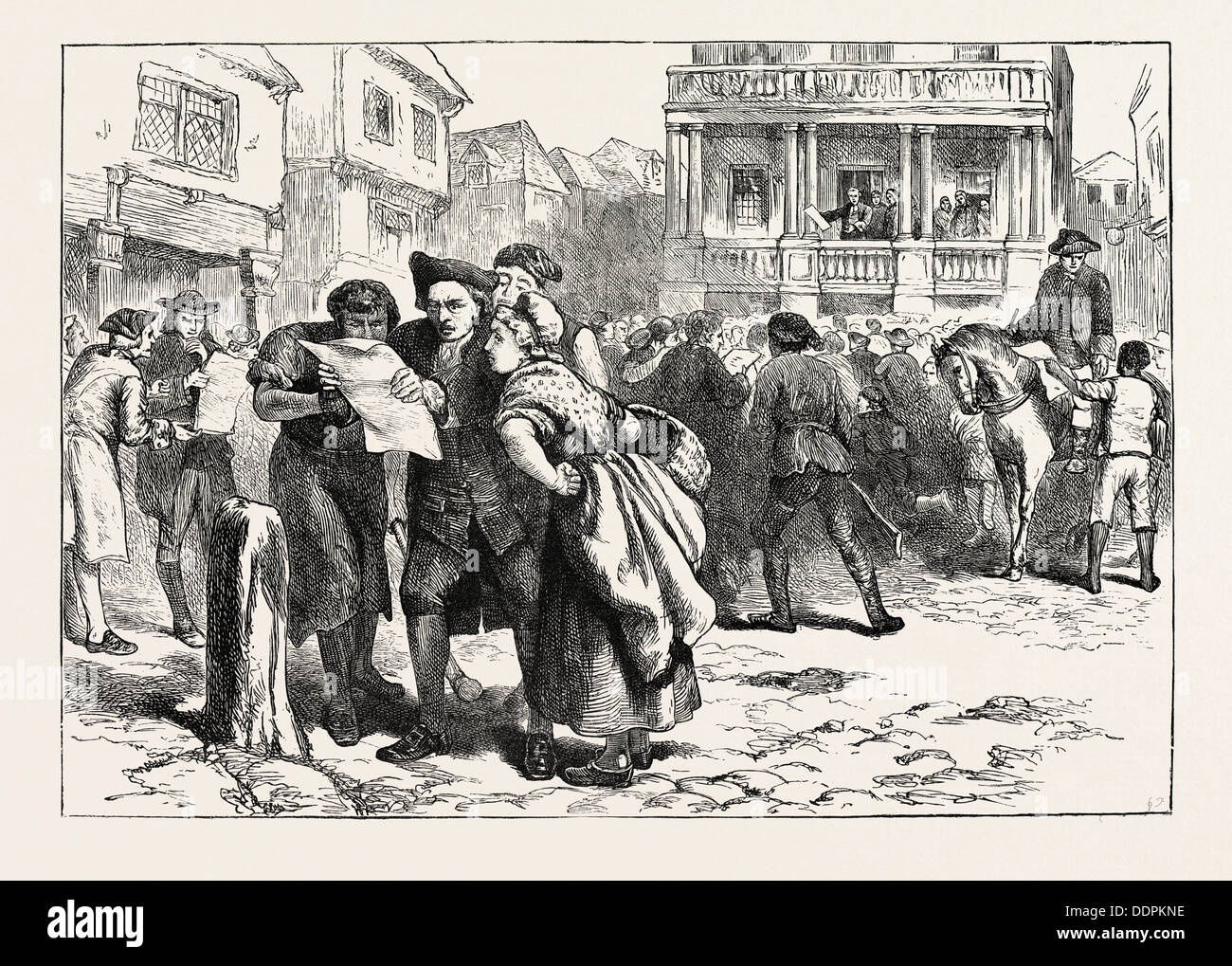BOSTONIANS READING THE STAMP ACT, Vereinigte Staaten von Amerika, US, USA, 1870 s Gravur Stockfoto