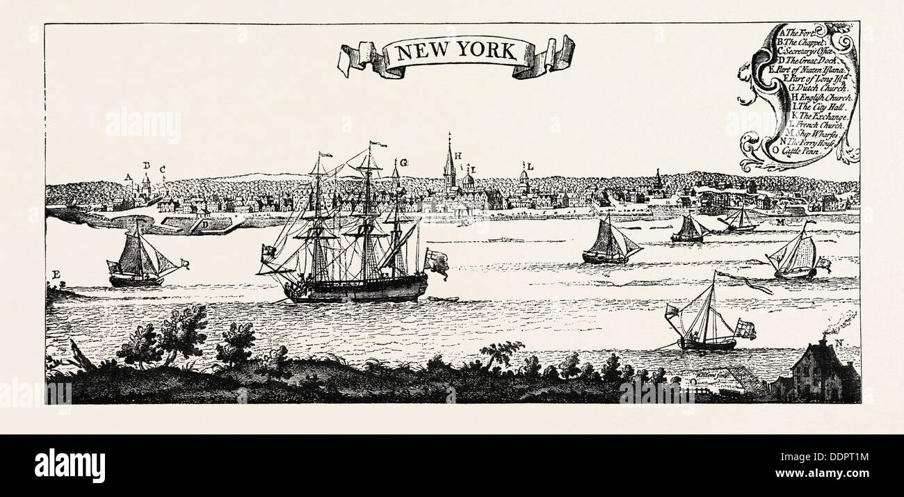 ALTE ANSICHT VON NEW YORK. Popple des amerikanischen Atlas, 1730. Vereinigte Staaten von Amerika, US, USA, 1870 s Gravur Stockfoto