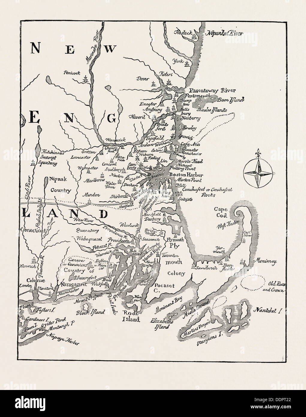 Karte von NEW ENGLAND zu Beginn des achtzehnten Jahrhunderts von Mathers Magnalia, Vereinigte Staaten von Amerika, US, USA, der 1870er Jahre Stockfoto