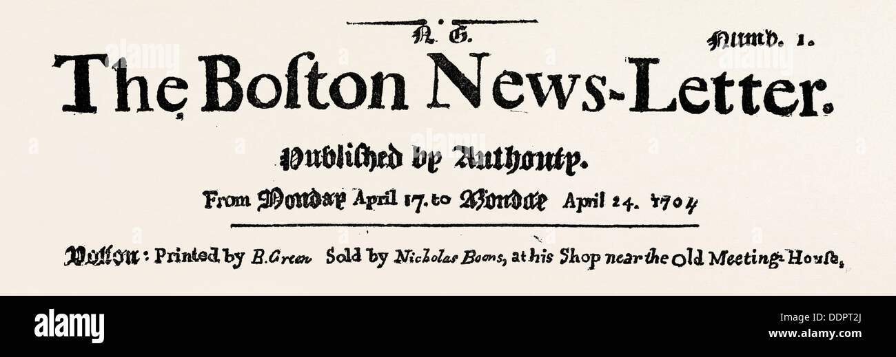Faksimile von der ursprünglichen Überschrift von THE BOSTON NEWSLETTER, Vereinigte Staaten von Amerika, US, USA, 1870 s Gravur Stockfoto