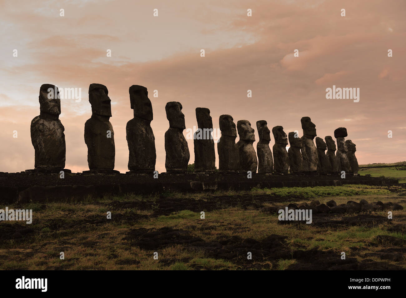 Moai monolithischen menschliche Figuren geschnitzt von Rapa Nui auf der Osterinsel Stockfoto