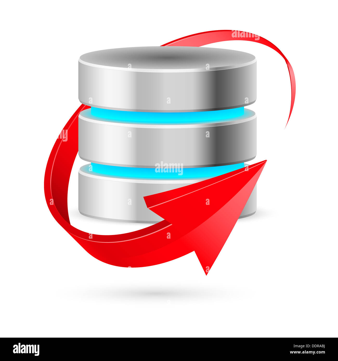 Datenbank-Symbol mit Update-Symbol dargestellt als roten gekrümmten Pfeil. Abbildung auf weiß. Stockfoto