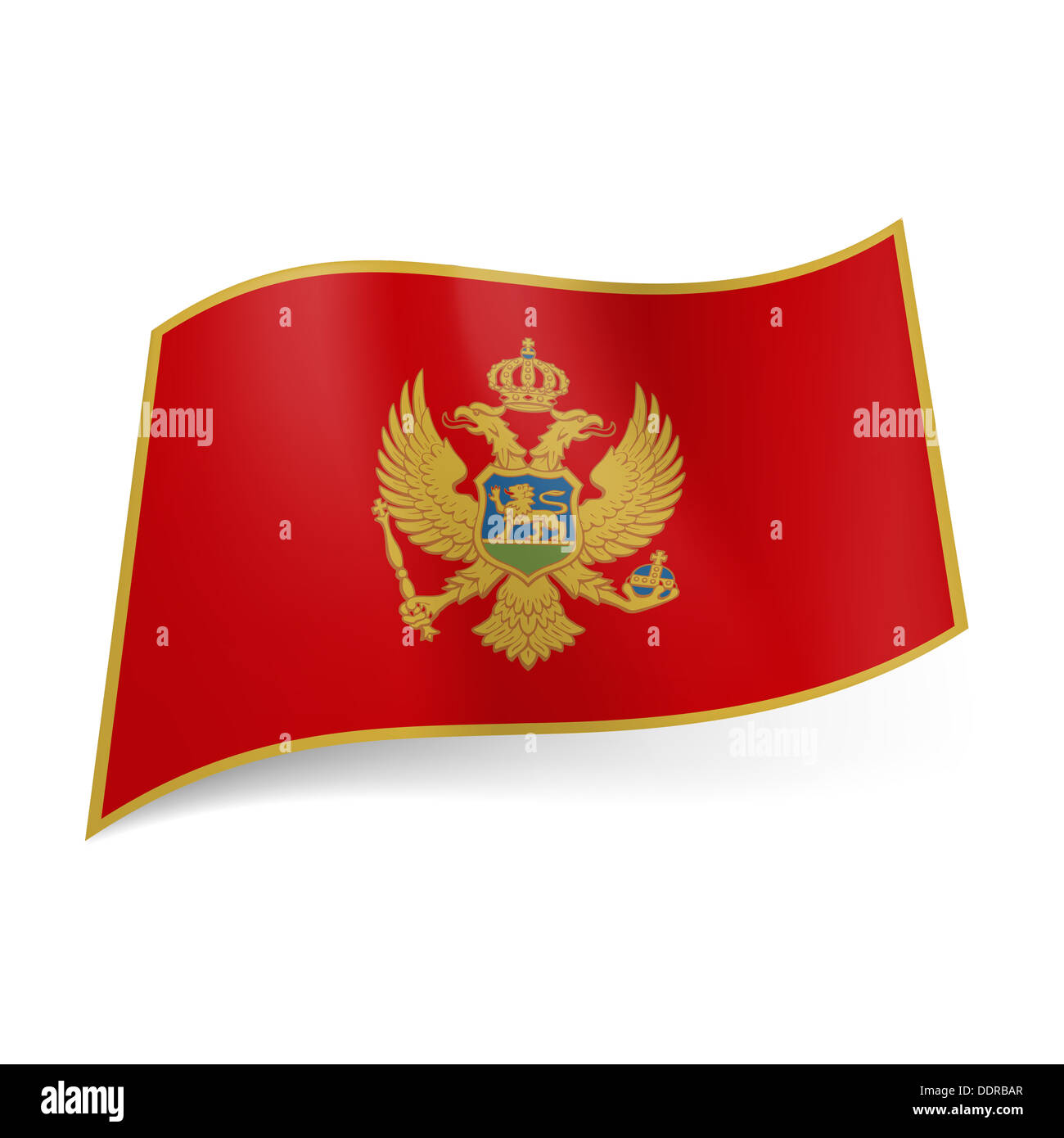 Nationalflagge von Montenegro: rotes Feld grenzt mit goldene Linie, Doppeladler im Zentrum. Stockfoto