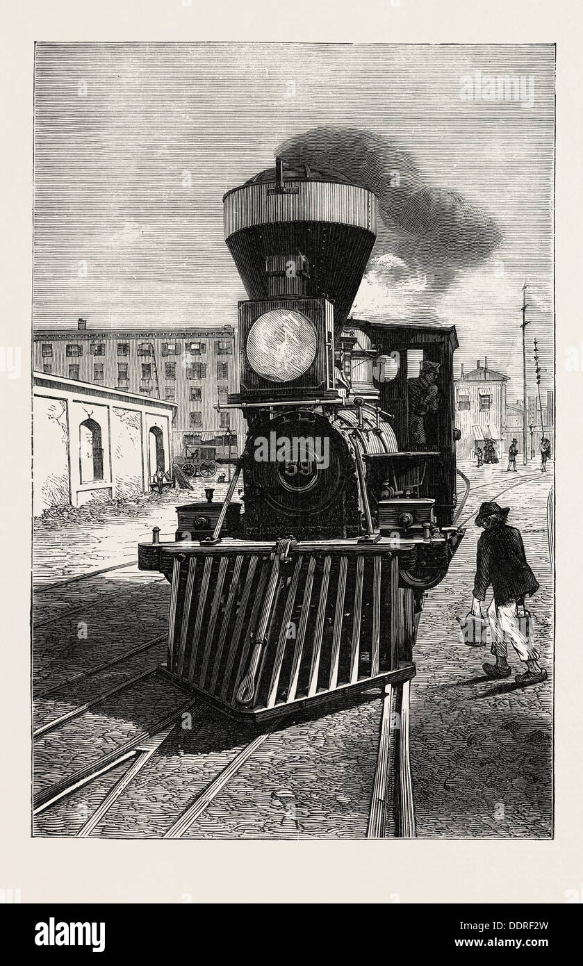 EINE amerikanische Lok Motor und COW CATCHER 1873-Gravur Stockfoto