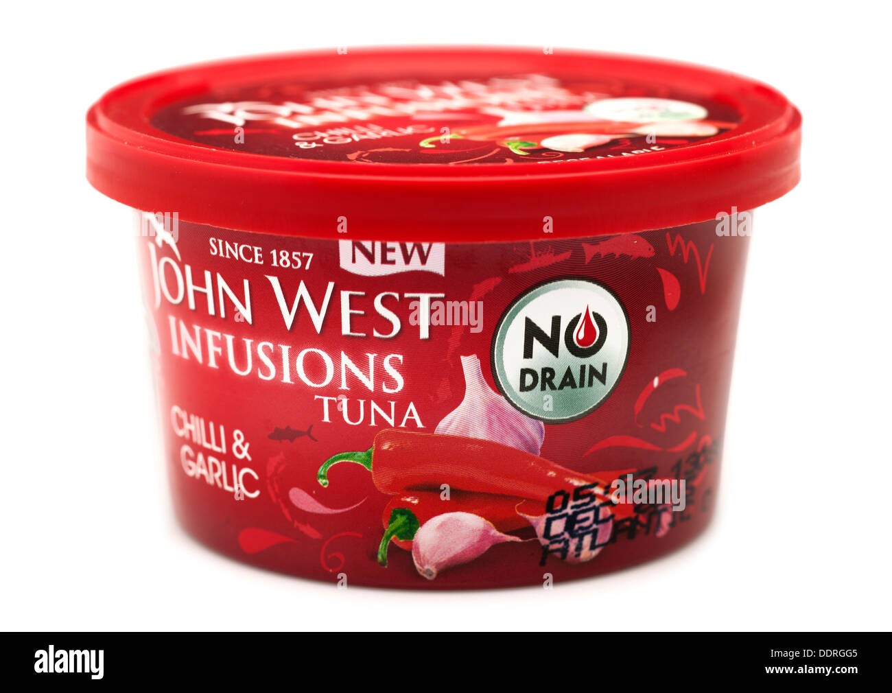Kann John West Chili und Knoblauch keinen Abfluss Thunfisch mit verschließbaren Kunststoffdeckel Stockfoto