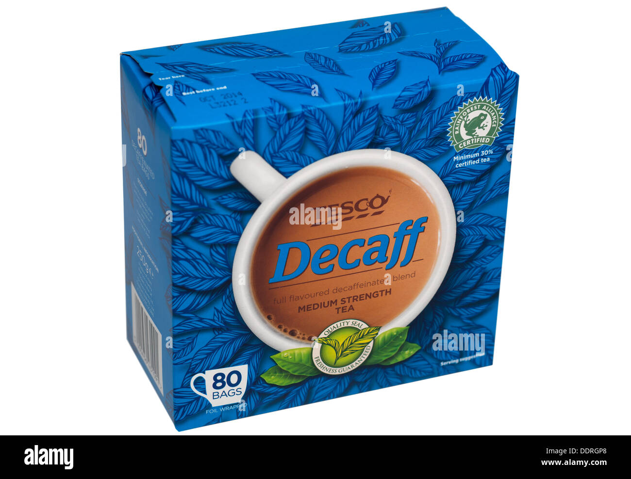 Schachtel mit 80 Decaf Konsumationsrechnung Teebeutel von Tesco Stockfoto