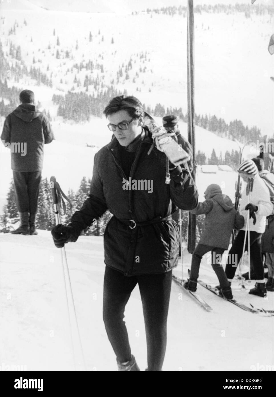 Delon, Alain, * 8.11.1935, französischer Schauspieler, halbe Länge, Skifahren, Megeve, Januar 1963, Stockfoto