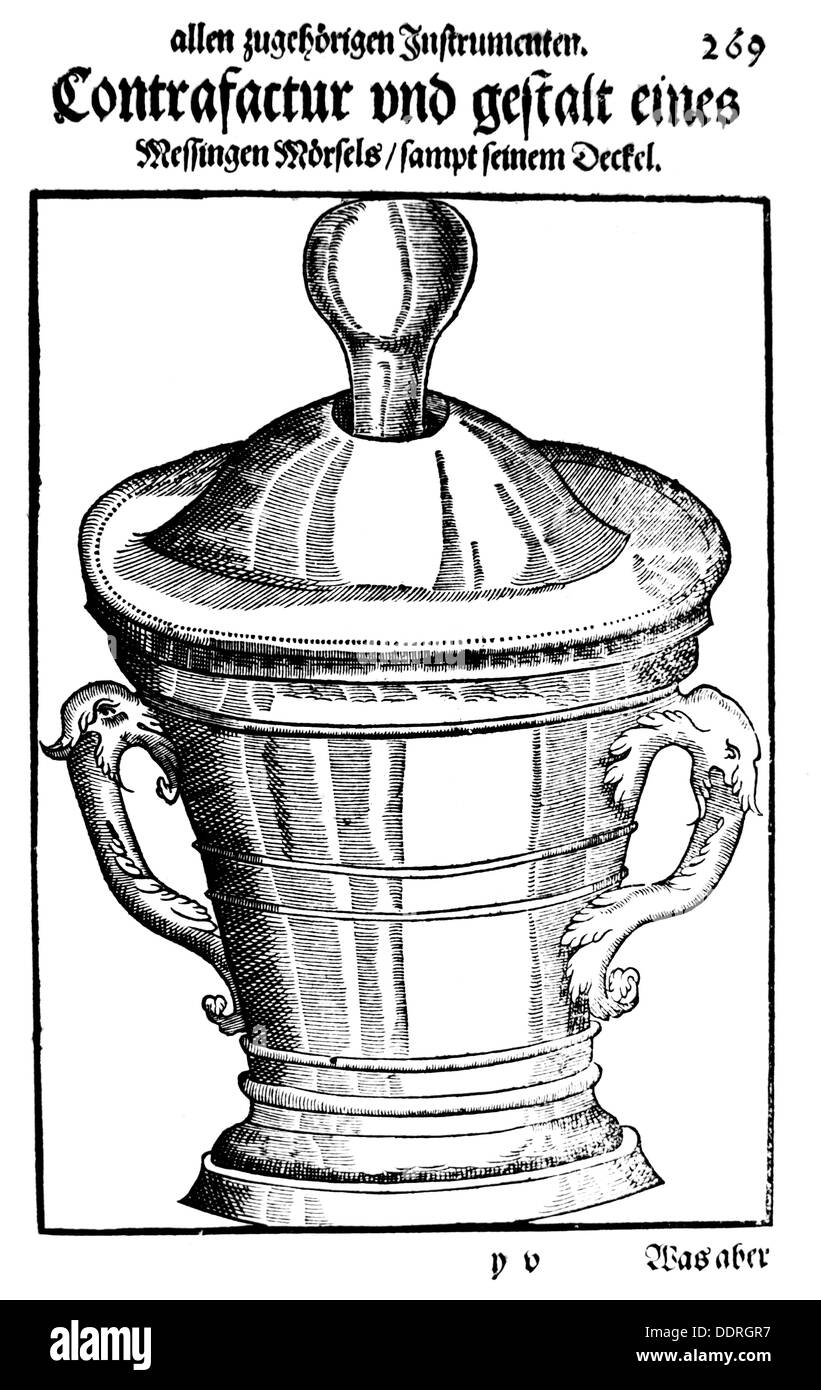 Medizin, Apotheke, Apotheke, Messingmörtel für Apotheken mit Deckel, Holzschnitt, aus: Georg Bartisch (1535 - 1607), 'Ophthalmoduleia, das ist Augendienst, Dresden, 1583, Zusatz-Rechteklärung-nicht vorhanden Stockfoto