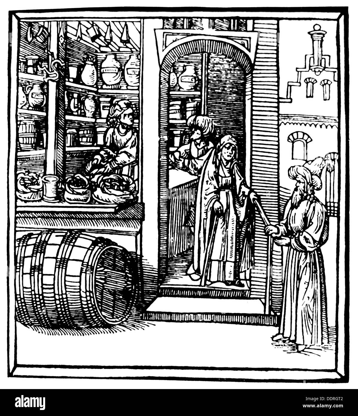 Medizin, Apotheke, Apotheke, Verkaufsraum in den Niederlanden um 1500, Holzstich, aus: 'licht d'apotekers, Brüssel, 1515, zusätzliche-Rights-Clearences-not available Stockfoto