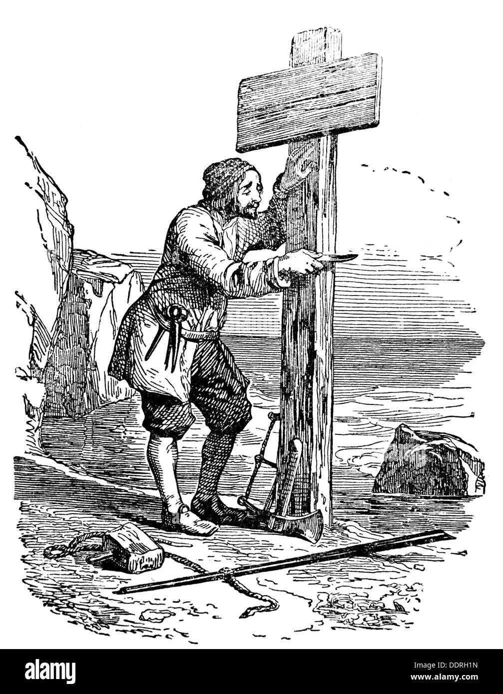 Literatur, Robinson Crusoe von Daniel Defoe (1660 - 1731), Illustration, Robinson errichtende seinen Kalender, um 1900, Holzstich aus einer russischen Ausgabe, 1947, 19. Jahrhundert, 1940er, 40er, Grafik, Grafik, Großbritannien, Abenteuerroman, Abenteuerromane, Wrack, Wrack, Wrack, Kastrassen, Insel, Inseln, voller Länge, stehend, Kreuz, Kreuze, Messer, Messer, Schreiber, Marke, Scribing, Marking, Partitur, Partituren, Kalender, Kalender, Zeit, Zeiten, um die Wende des 19. / 20. Jahrhunderts, Ausgabe, Ausgaben, historisch, historisch, Mann, Männer, männlich, Menschen, Zusatz-Rechte-Clearenzen-nicht verfügbar Stockfoto