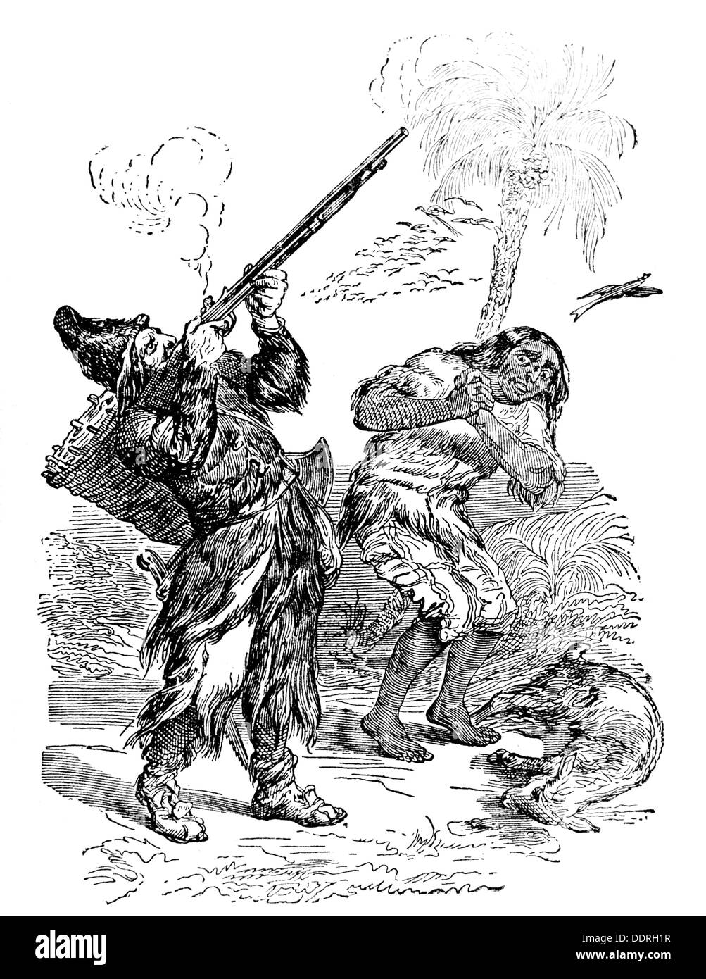Literatur,Robinson Crusoe von Daniel Defoe(1660 - 1731),Illustration,Robinson und Freitag,um 1900,Holzstich aus einer russischen Ausgabe,1947,1.Jahrhundert,1940er,40er,40er,Grafik,Grafik,Großbritannien,Abenteuerroman,Abenteuerromane,Wrack,Wrack,Kastrassen,Insel,Inseln,volle Länge,stehend,an der Wende des 19. / 20. Jahrhunderts,Diener,Waffen,Waffen,Waffen,Waffen,Waffen,Jagd,Waffen,Waffen,Waffen,Waffen,Jagd,Einheimische,Waffen,Waffen,Waffen,Waffen,Diener, Stockfoto