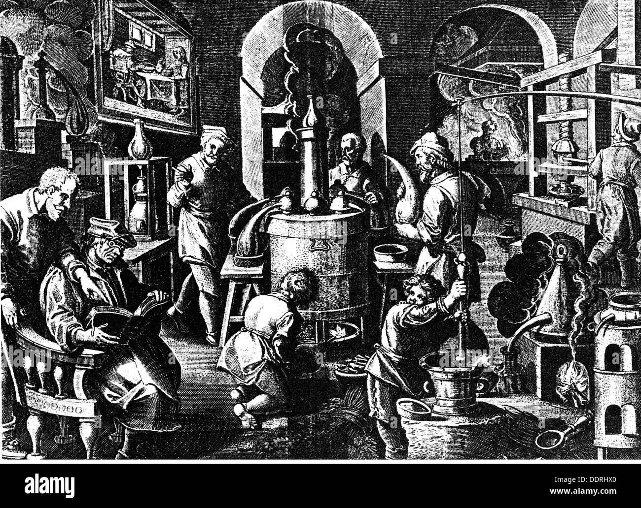 Medizin, Apotheke, Pharmazie, Stills, nach Zeichnung von Jan van der Straet (1523 - 1605), Kupferstich von J.Galle, 16. Jahrhundert, 16. Jahrhundert, Grafik, Grafiken, Beruf, Berufe, Apotheke, Apotheker, Drogisten, Apotheker, Apotheker, Drogisten, halbe Länge, Sitzen, Sitzen, Buch, Bücher, Lesen, Lesen, Assistent, Assistenten, Destillation, Stills, Destillieren, Destillieren, Destillieren, Labor, Labor, Übungen, Labore, arbeiten, arbeiten, arbeiten, wissen, Pharmazie, Pharmakologie, Apotheker, Pharmazeuten, Giovanni Stradanus, Stradan, Artist's Urheberrecht nicht gelöscht werden Stockfoto