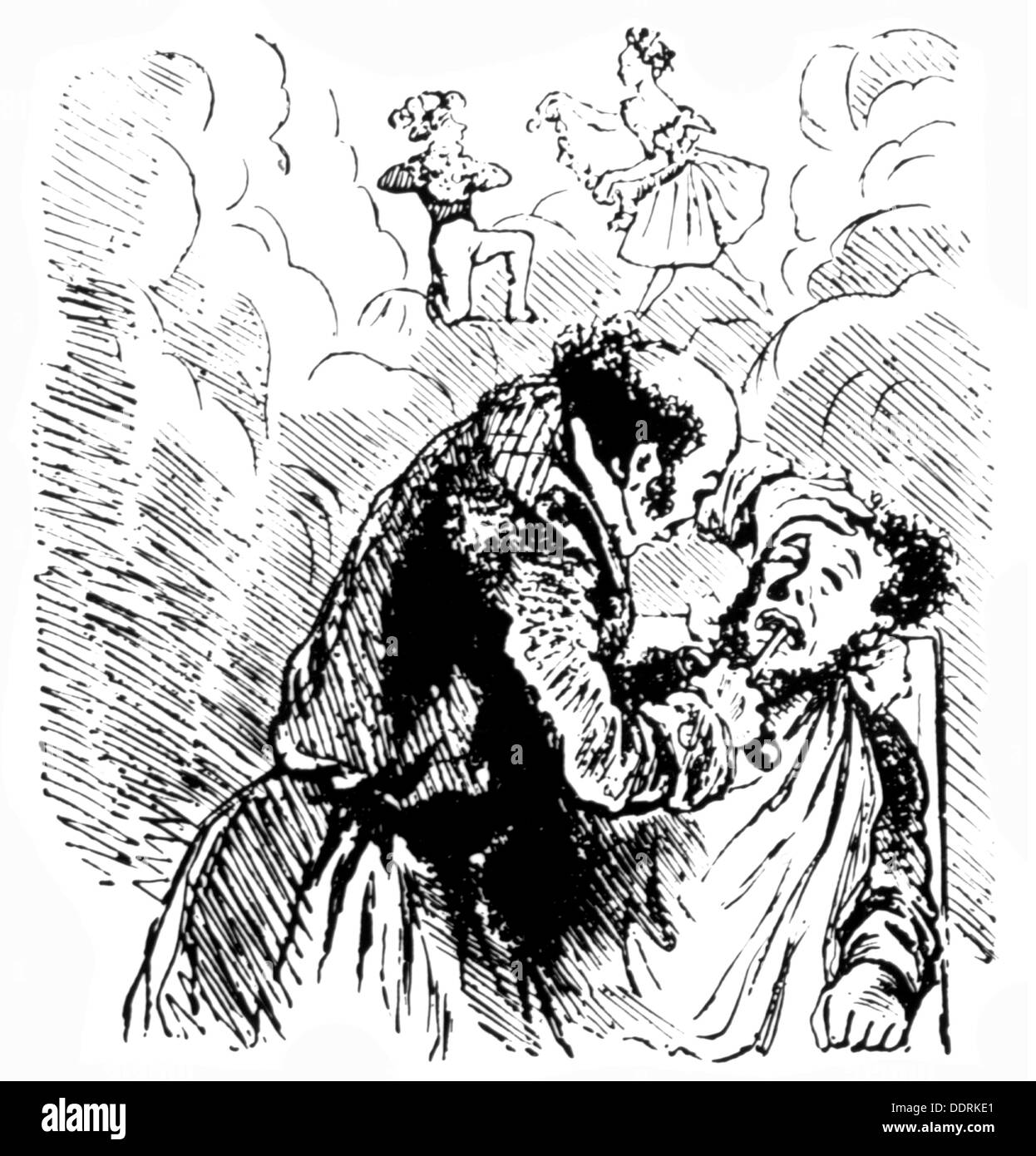 Medizin, Anästhesie, süße Träume und schmerzlose Zahnextraktion mit Äther, Lithographie von Cham (1819 - 1879), aus: 'Le Charivari', Paris 1847, Additional-Rights-Clearences-not available Stockfoto