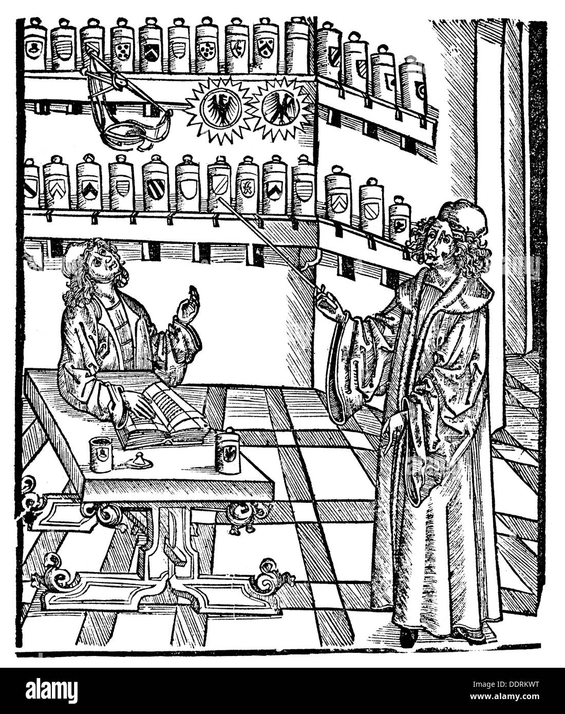 Medizin, Apotheke, Apotheke, Apotheker mit Stick auf Gefäße mit pharmazeutischen Zutaten, Holzschnitt, aus: Hieronymus Brunschwig (um 1450 - um 1512), 'das buoch der rechten kunst zu destillien', Druck: Johann Grüninger, Straßburg, 1512, Additional-Rights-Clearences-not available Stockfoto