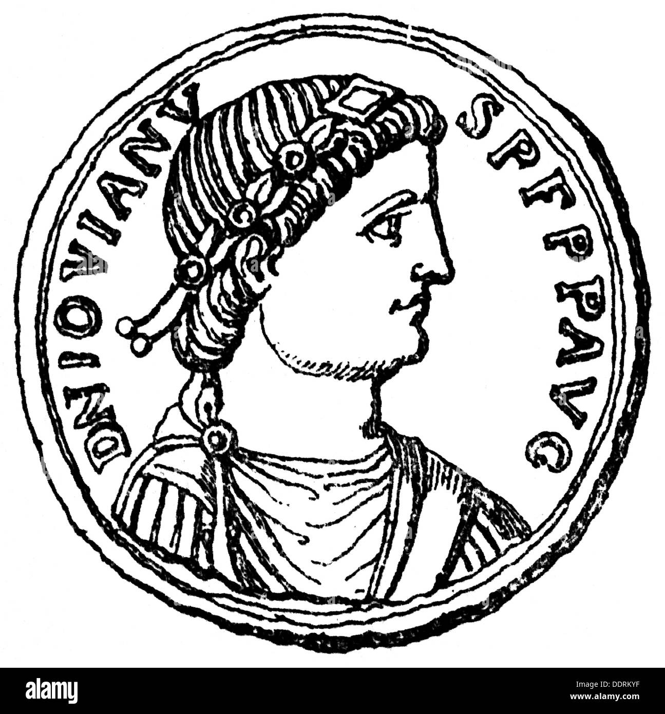 Jovian, Flavius, ca. 331 - 17.2.364, römischer Kaiser 363 - 364, Porträt, Münze, Holzgravur, 19. Jahrhundert, Stockfoto