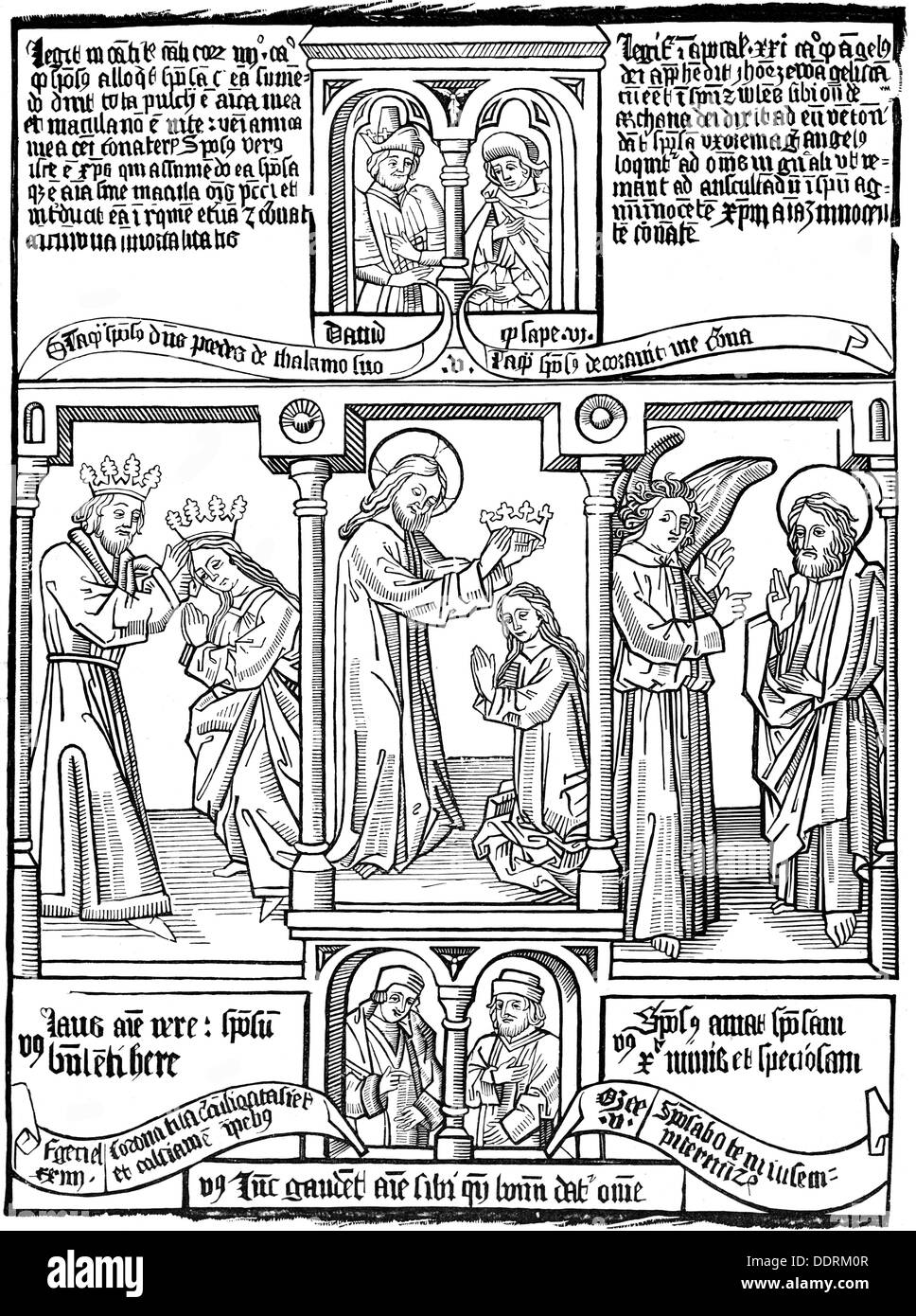Literatur, Bibel, biblia pauperum, Holzschnitt mit Marienkrönung, Druck: Johannes Gutenberg (um 1400 - 1468), 1462, Zusatz-Rechteklärung-nicht vorhanden Stockfoto
